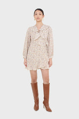 Ivory floral print ruffle trim wrap dress