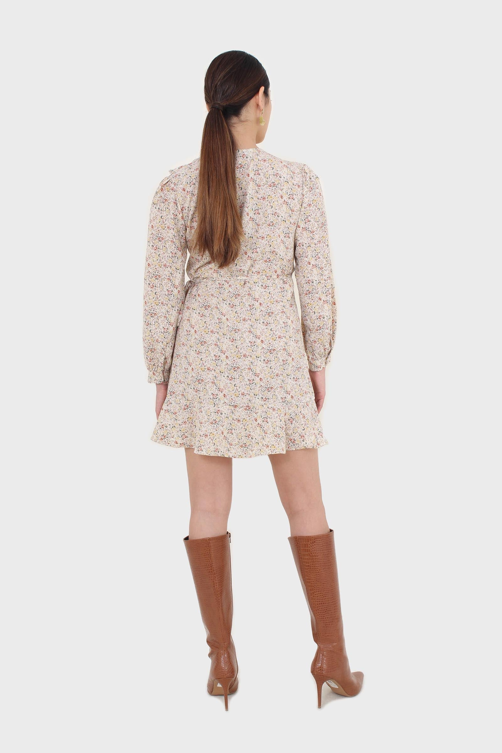 Ivory floral print ruffle trim wrap dress