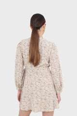 Ivory floral print ruffle trim wrap dress