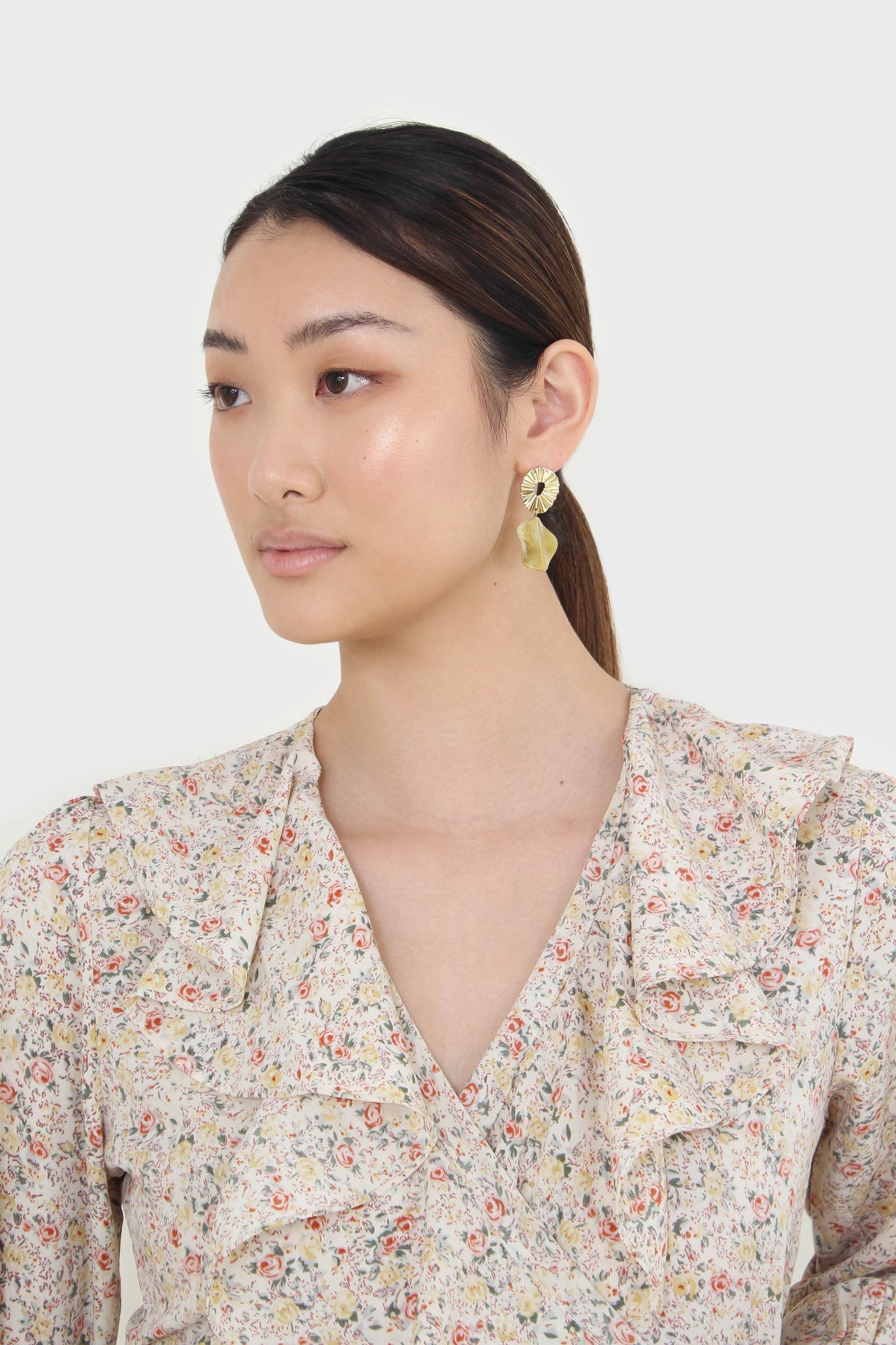 Ivory floral print ruffle trim wrap dress