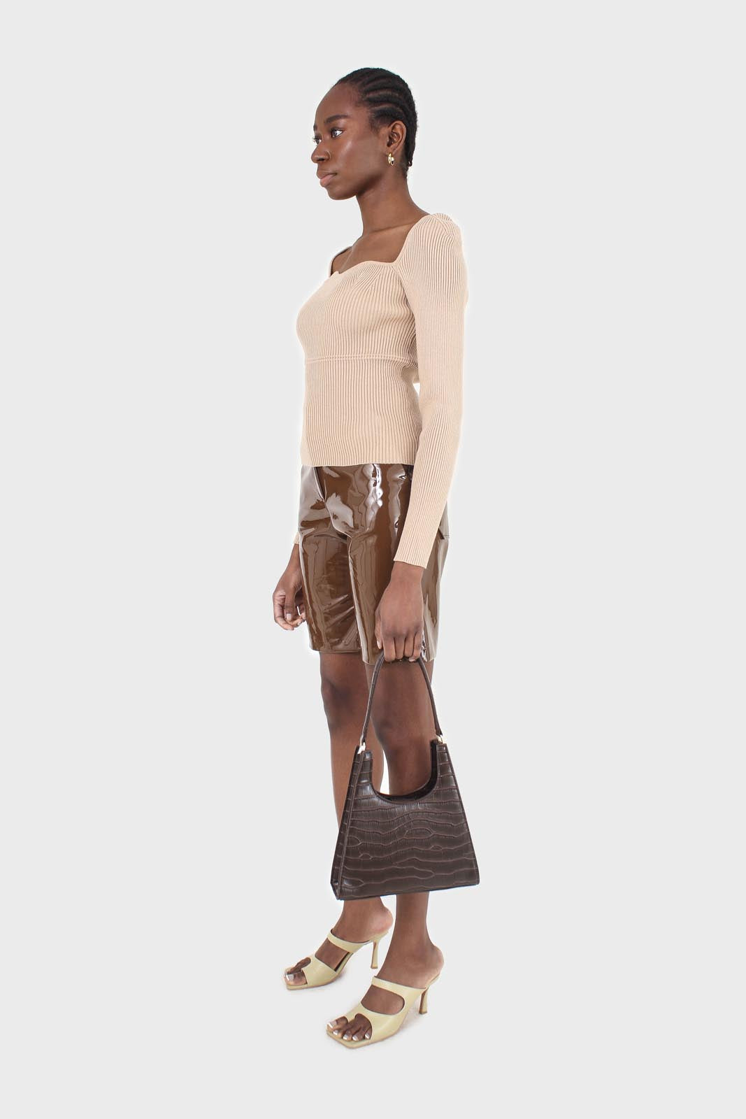 Brown glossy vegan leather shorts