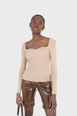 Brown glossy vegan leather shorts