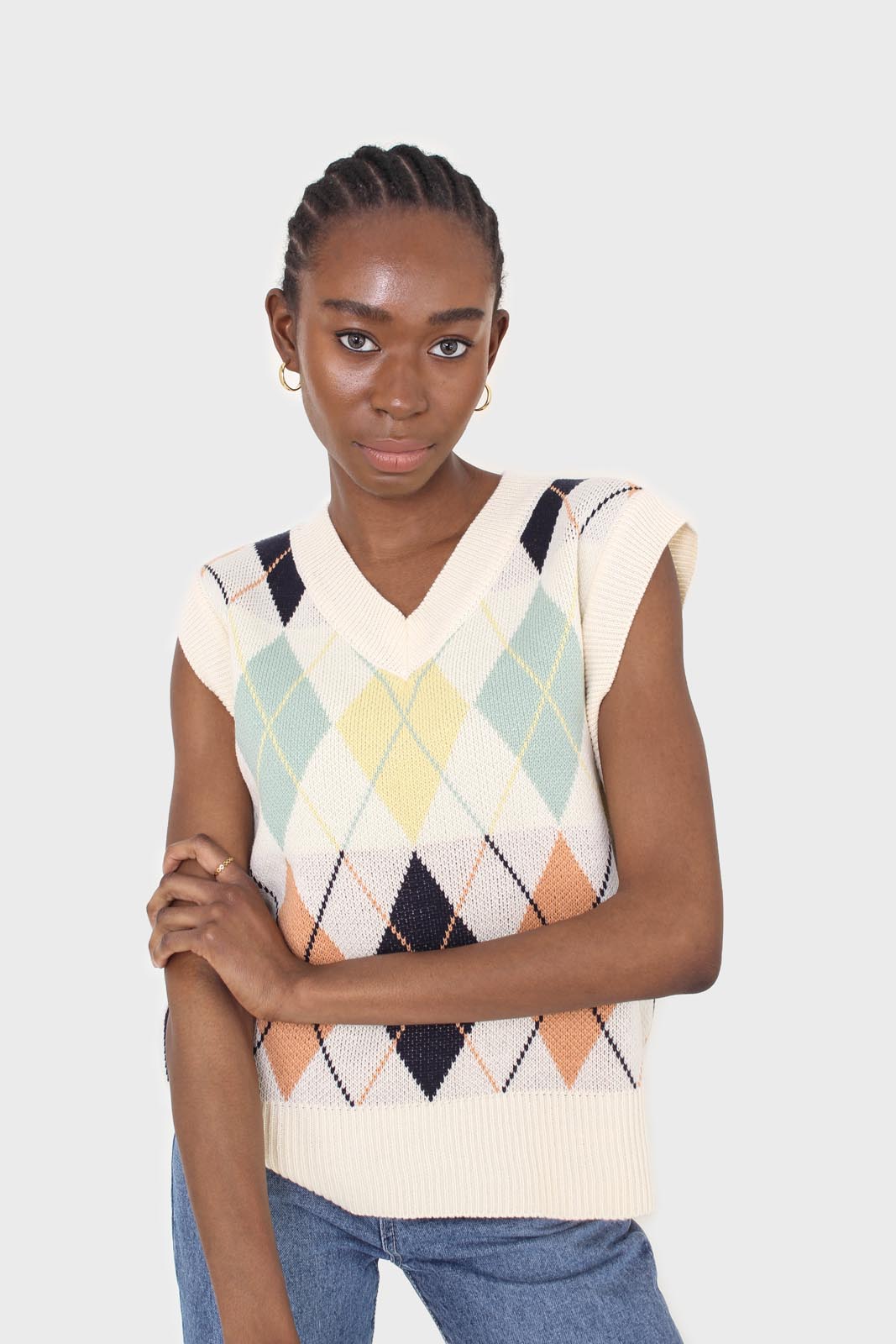 Ivory and pastel multicoloured argyle sweater vest