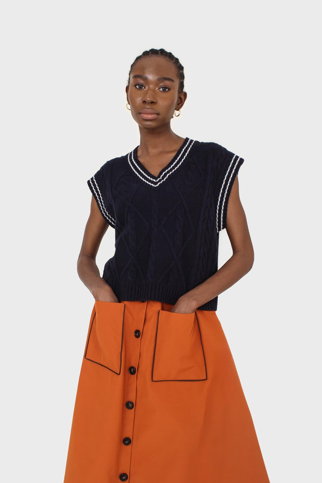 Navy and white varsity cable sweater vest