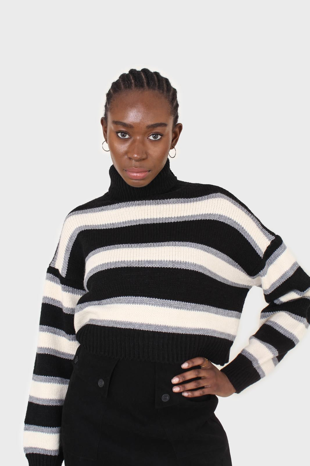 Black and ivory bold striped turtleneck jumper