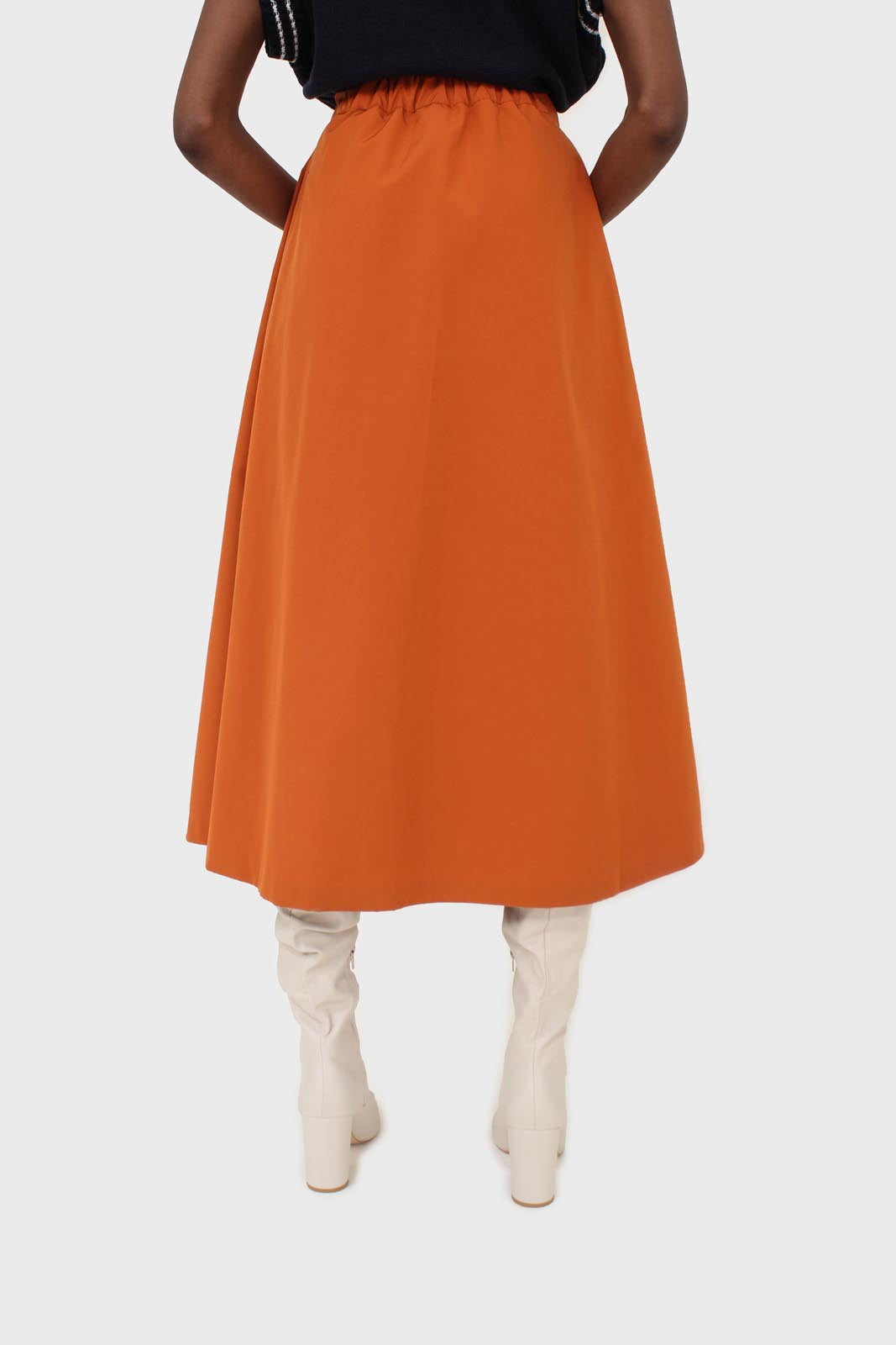 Orange button up patch pocket midi skirt