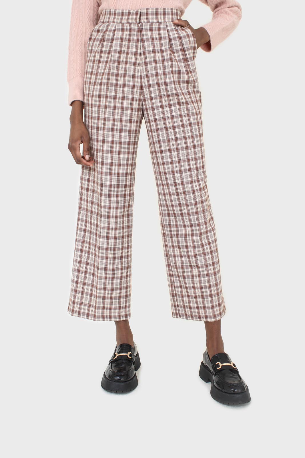 Brown plaid wide leg trousers