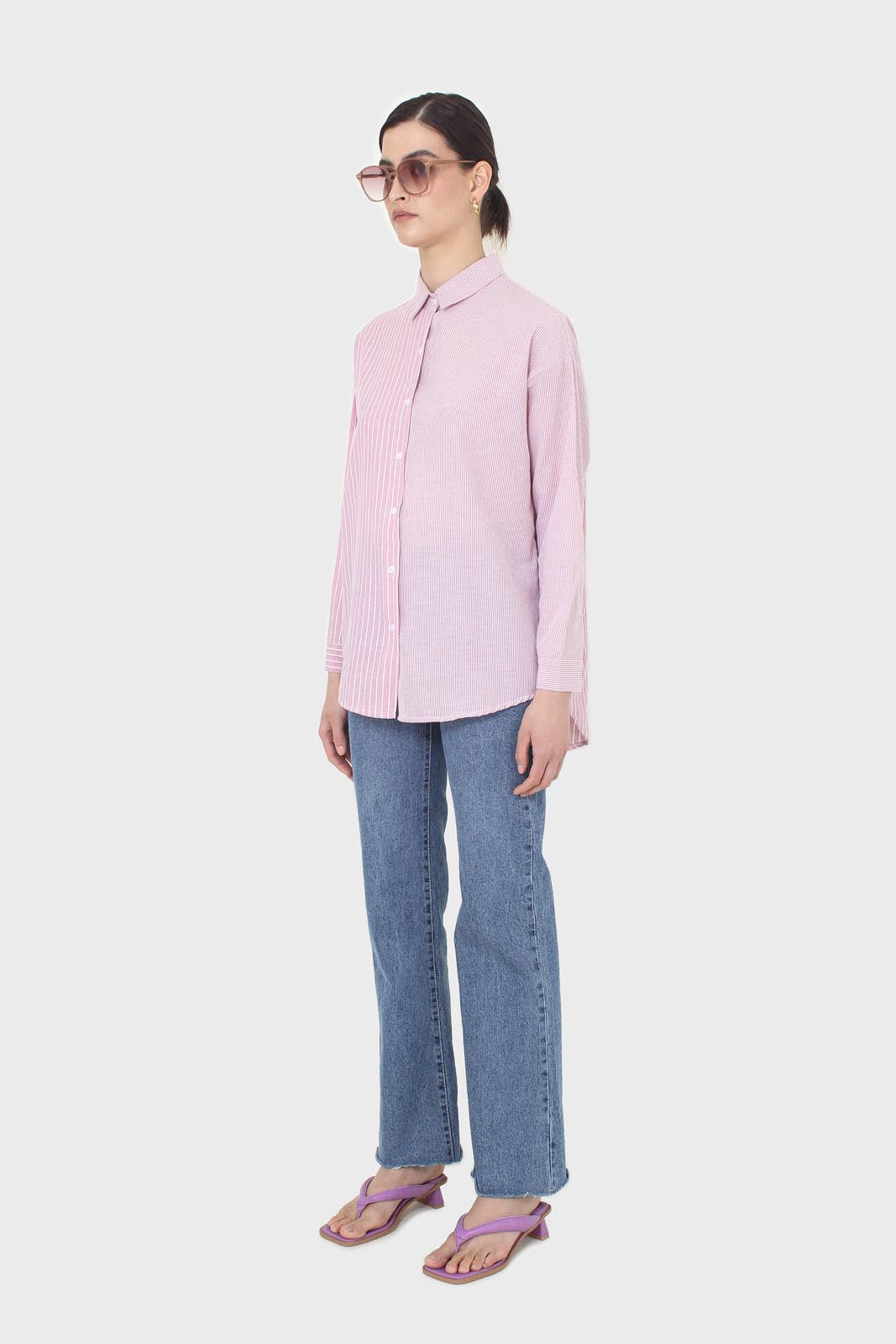 Pink and white multistripe loose fit shirt