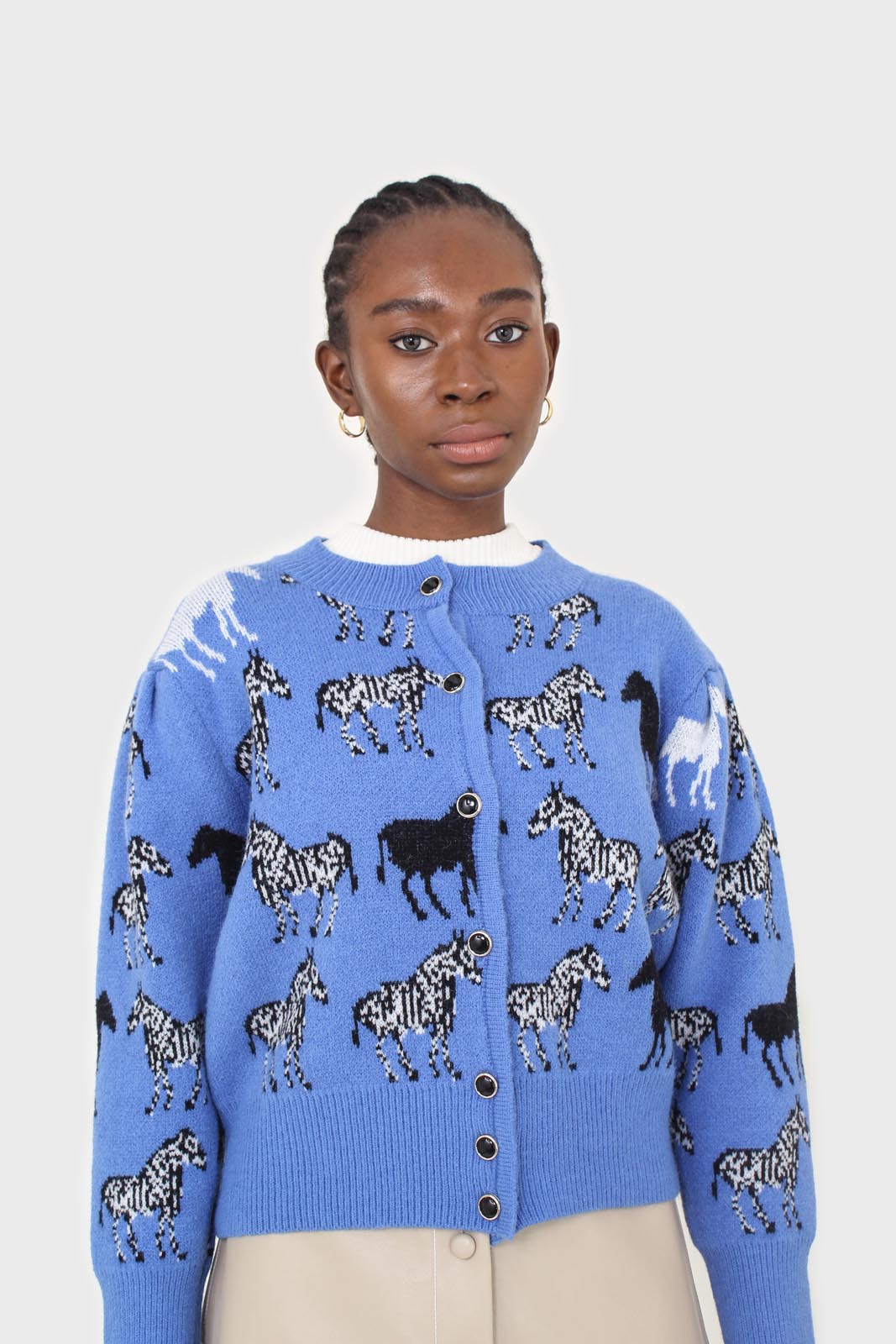 Blue zebra metal button puff sleeved cardigan