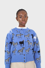 Blue zebra metal button puff sleeved cardigan