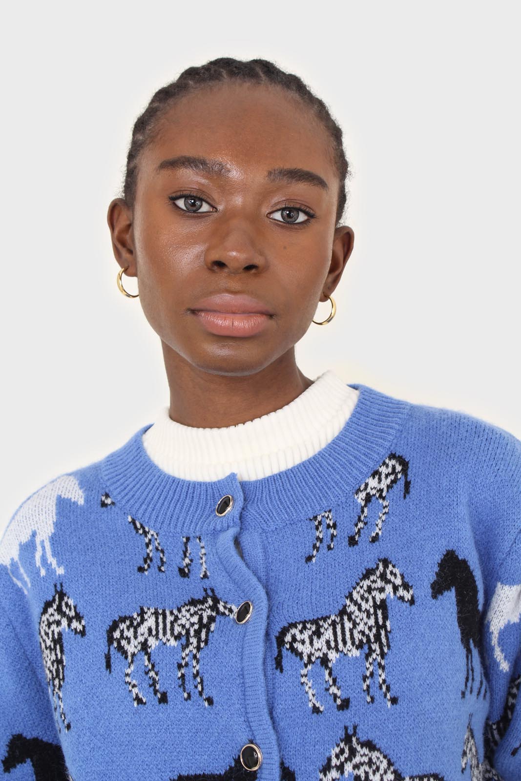 Blue zebra metal button puff sleeved cardigan