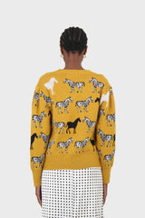 Mustard zebra metal button puff sleeved cardigan