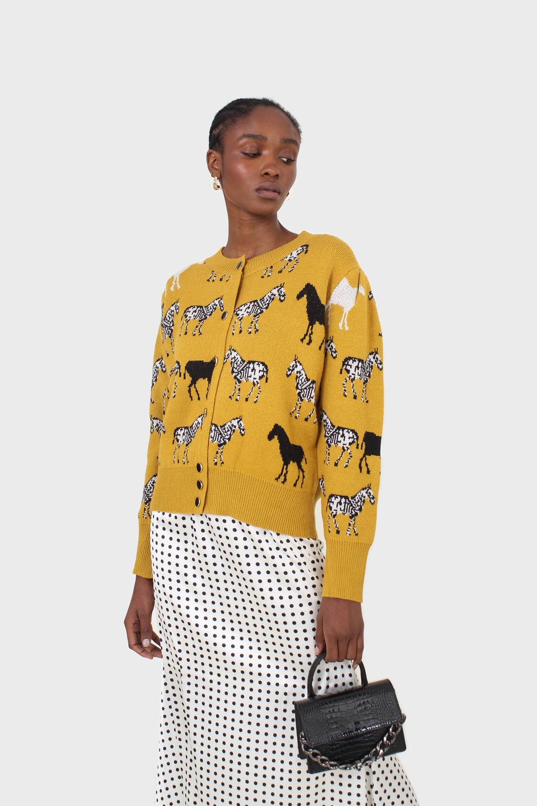 Mustard zebra metal button puff sleeved cardigan