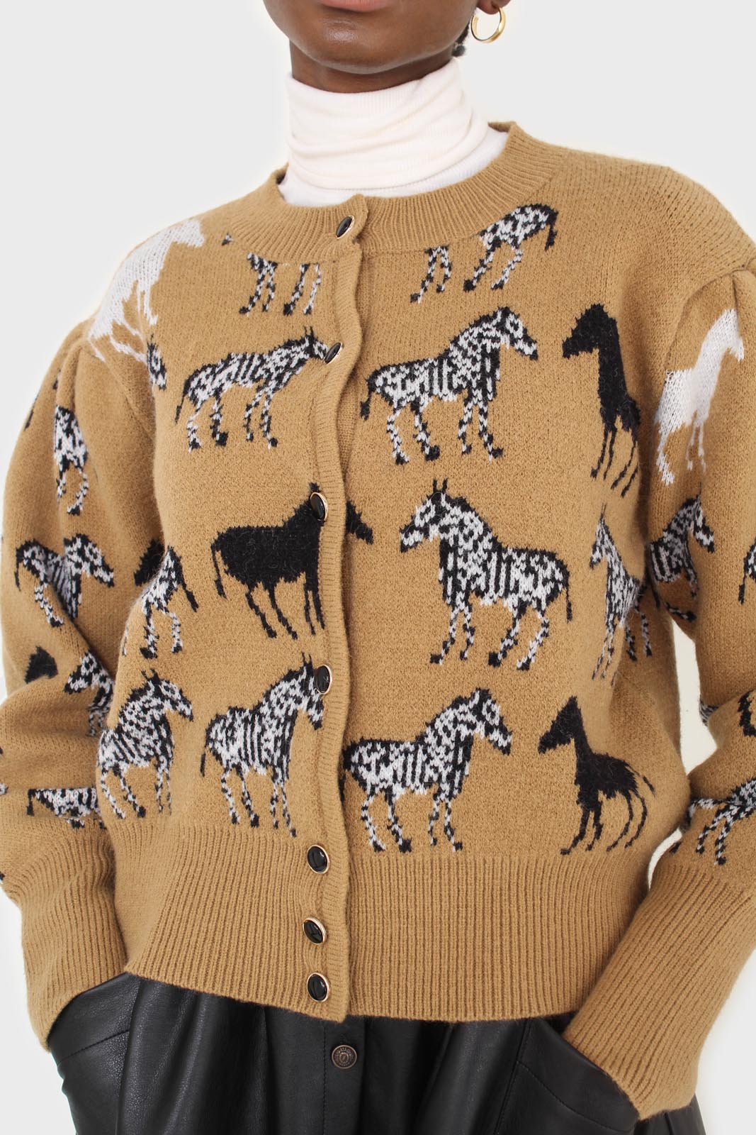 Beige zebra metal button puff sleeved cardigan