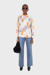 Ivory and orange water color print shirt blouse