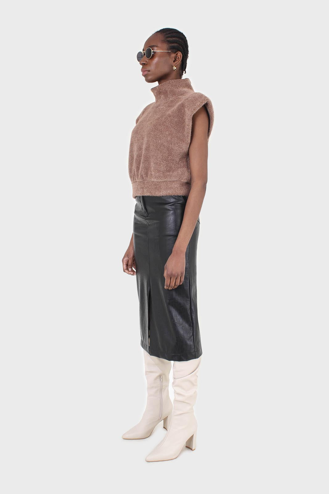 Brown fuzzy structured shoulder pad vest top