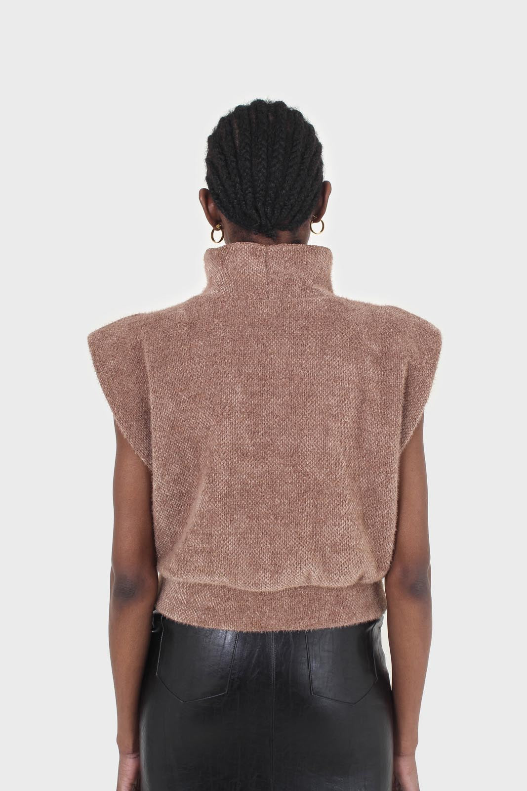 Brown fuzzy structured shoulder pad vest top