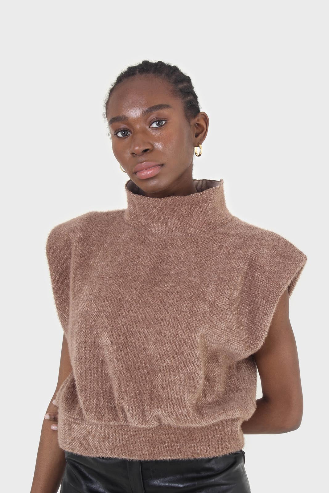 Brown fuzzy structured shoulder pad vest top
