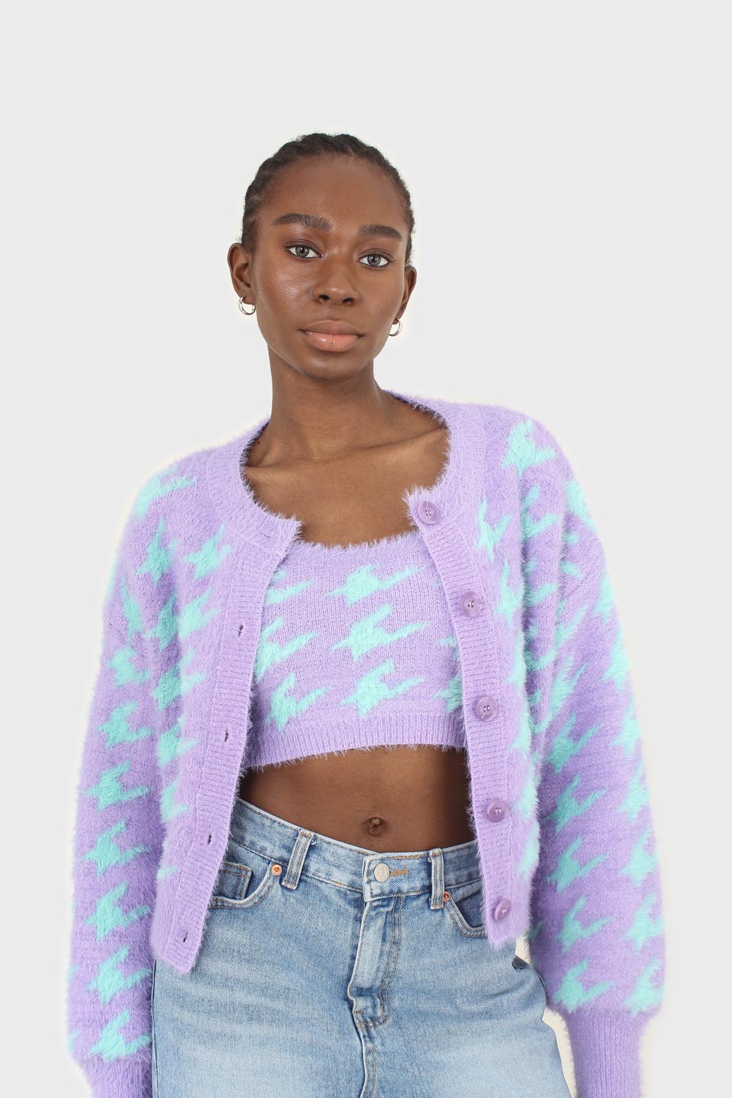 Violet and mint houndstooth fuzzy bralette
