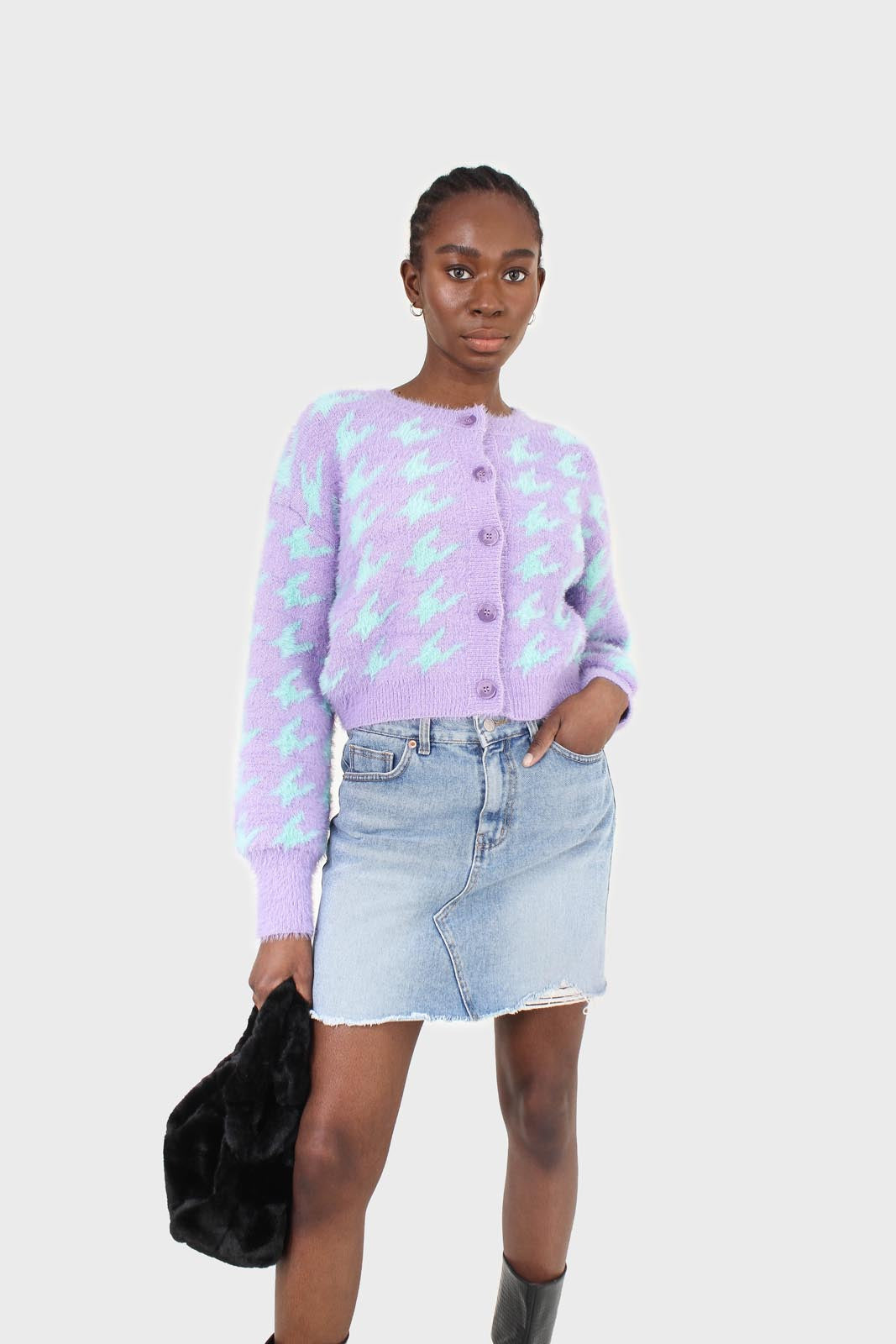Violet and mint houndstooth fuzzy cardigan