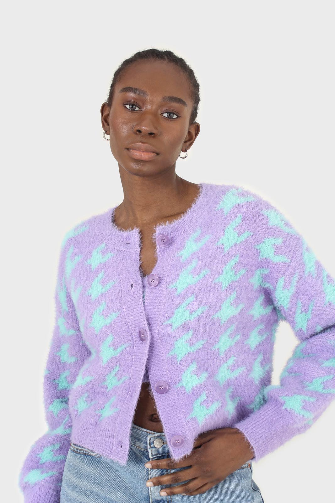 Violet and mint houndstooth fuzzy cardigan