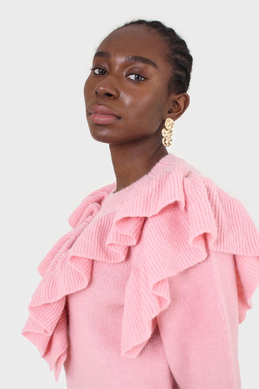 Pink deep V ruffle trim jumper