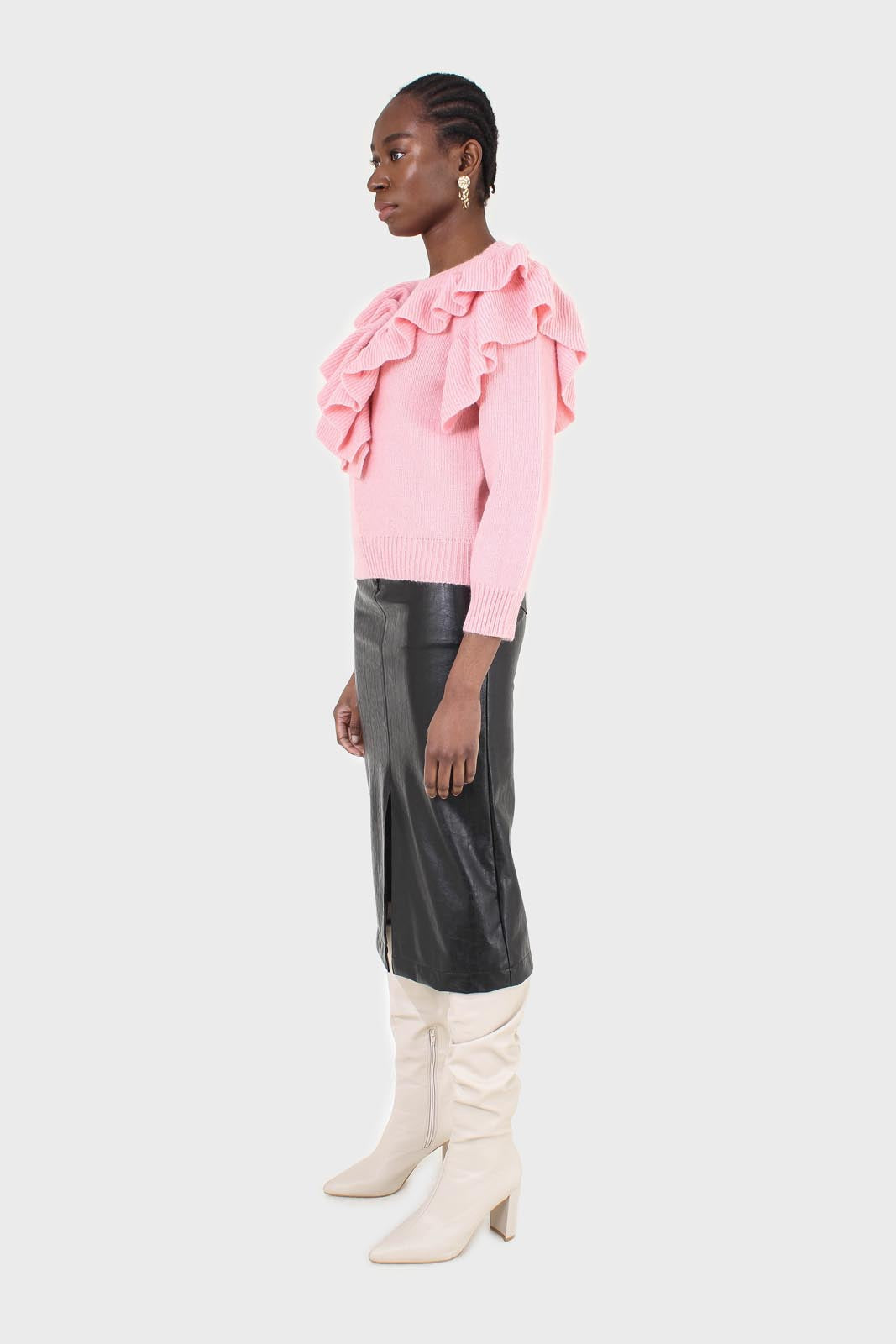 Pink deep V ruffle trim jumper