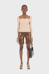 Beige wave neck bodice fitted knit top