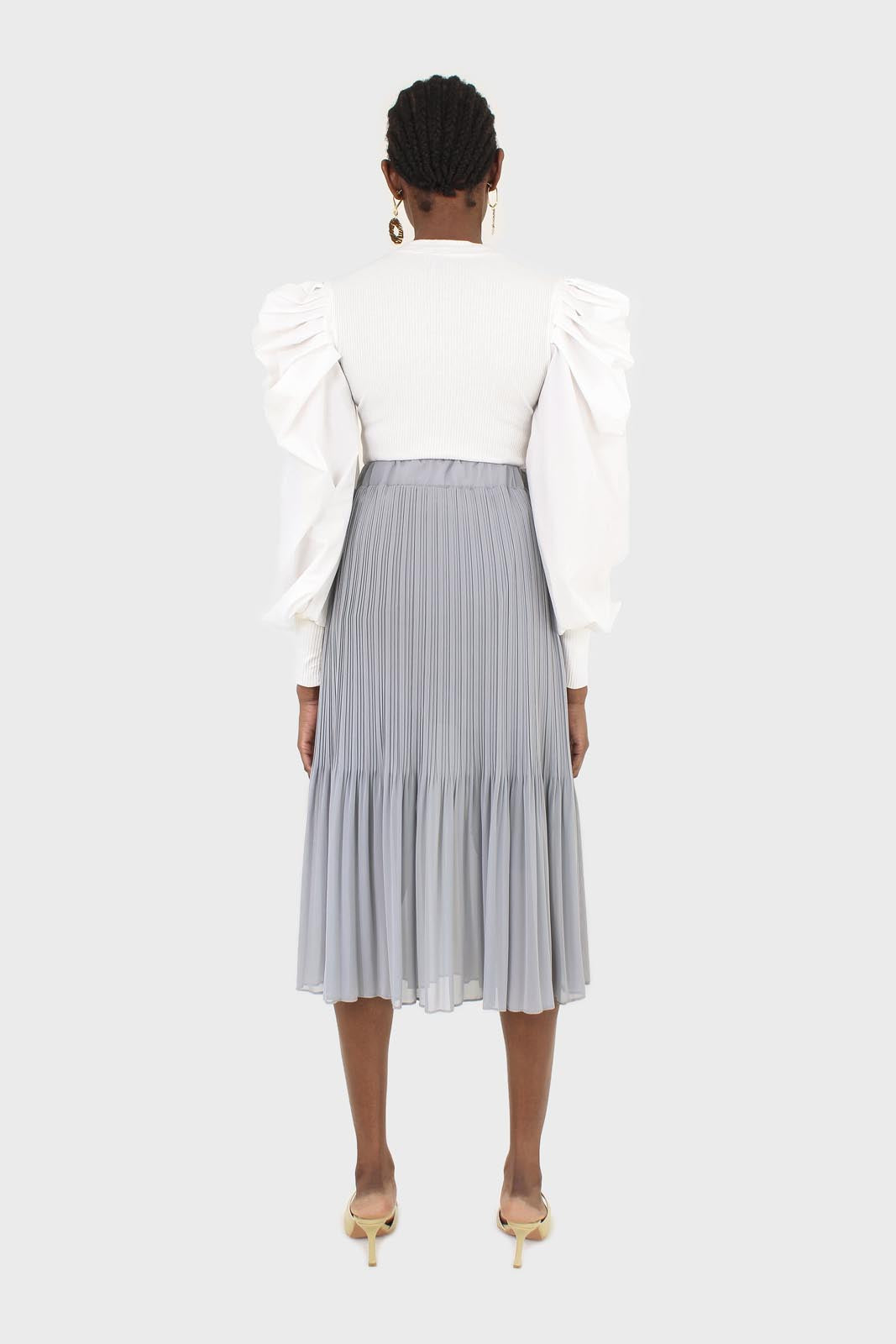 Ivory knit contrast puff sleeve top