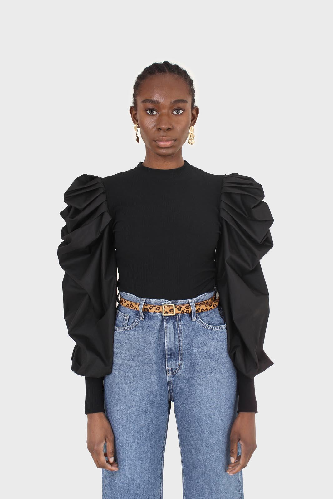 Black knit contrast puff sleeve top