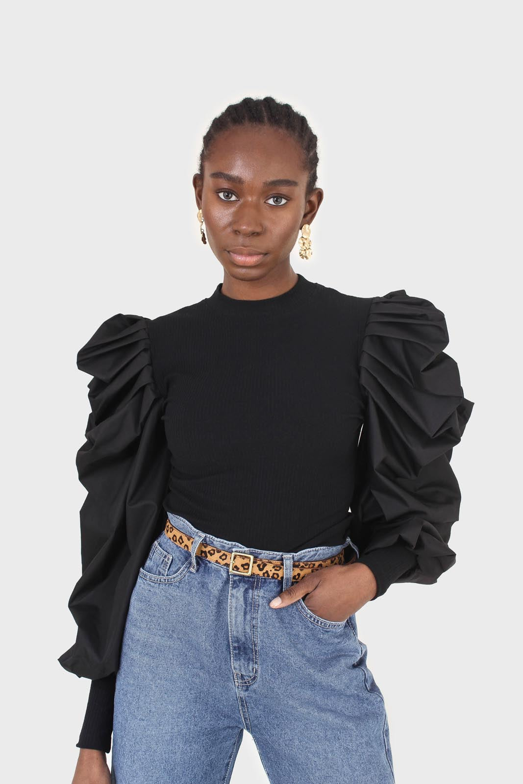 Black knit contrast puff sleeve top