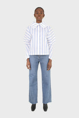 White and blue striped large sleeve blouse
