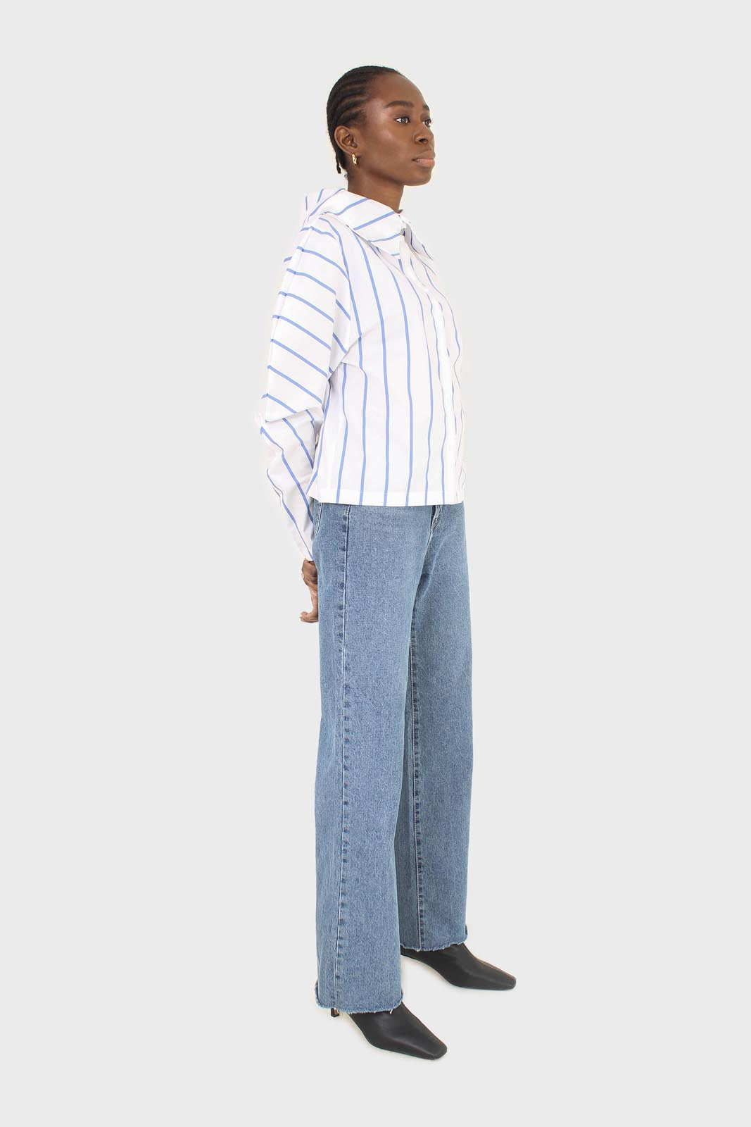 White and blue striped large sleeve blouse