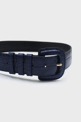 Cobalt croc-effect genuine leather belt