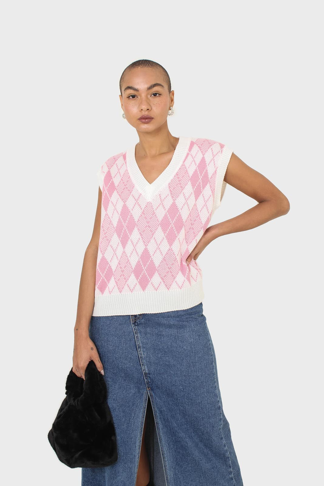 Ivory and pink argyle knit vest