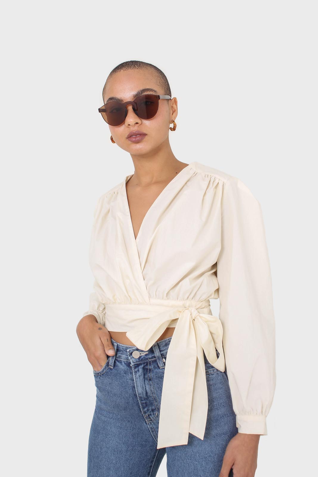 Ivory tie waist cropped blouse