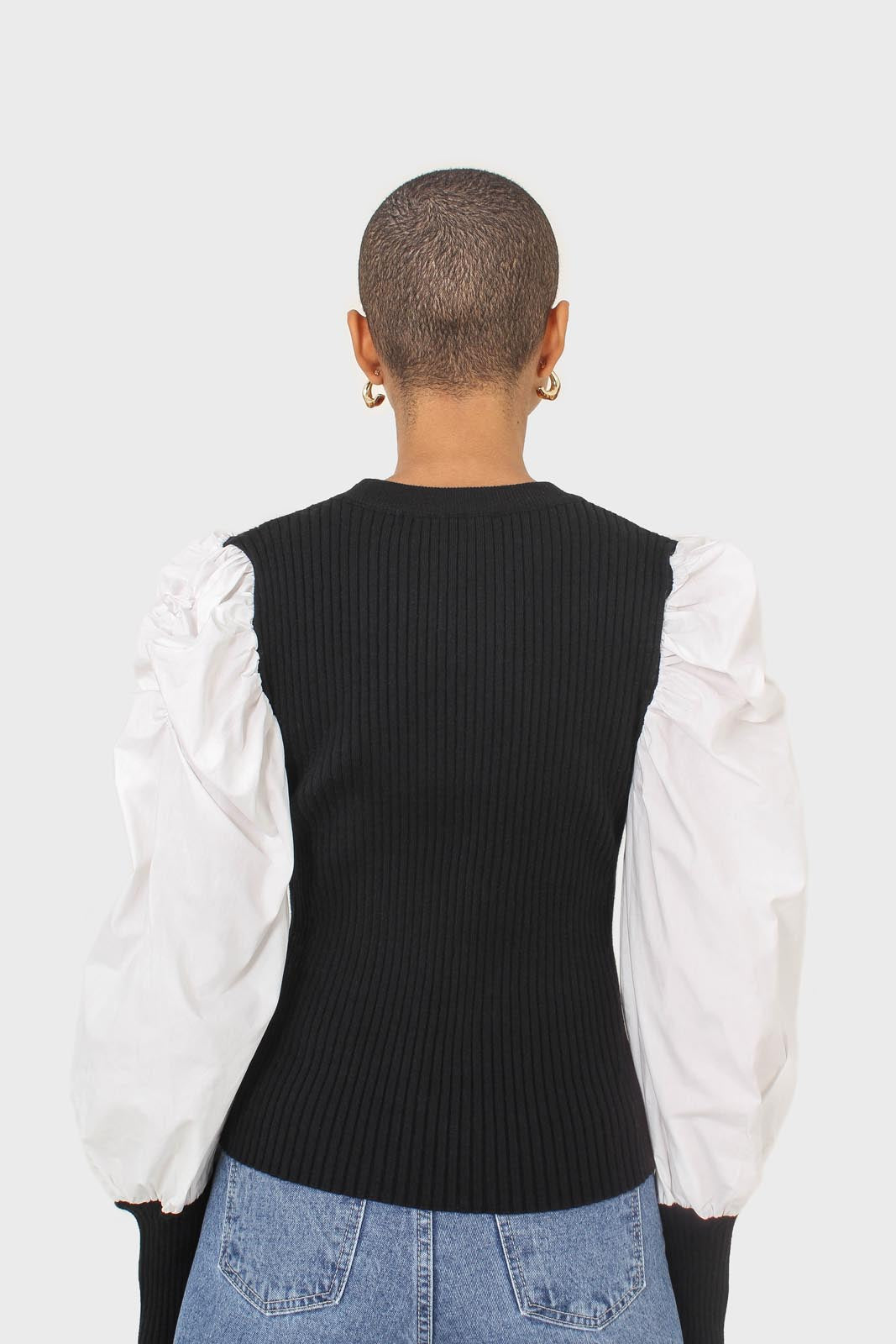 Black knit and white contrast puff sleeved top