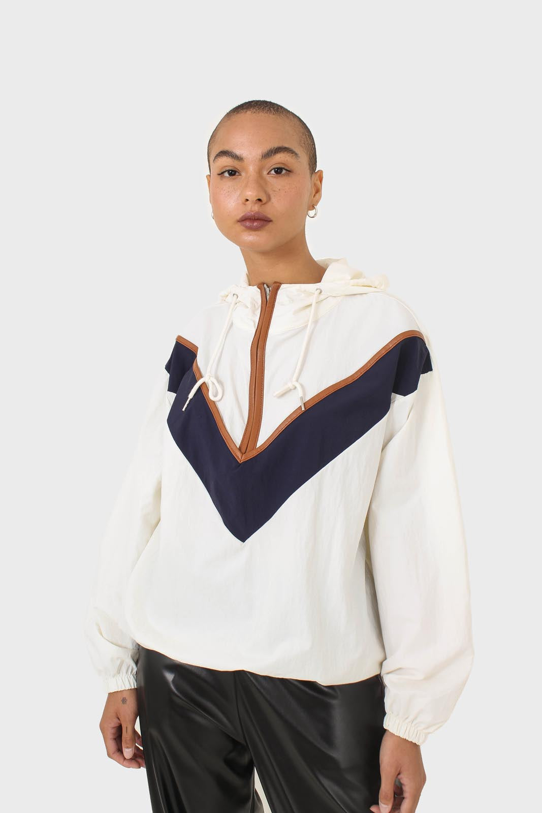 Ivory and navy V color block windbreaker