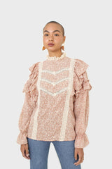 Orange and white floral print lace trim top
