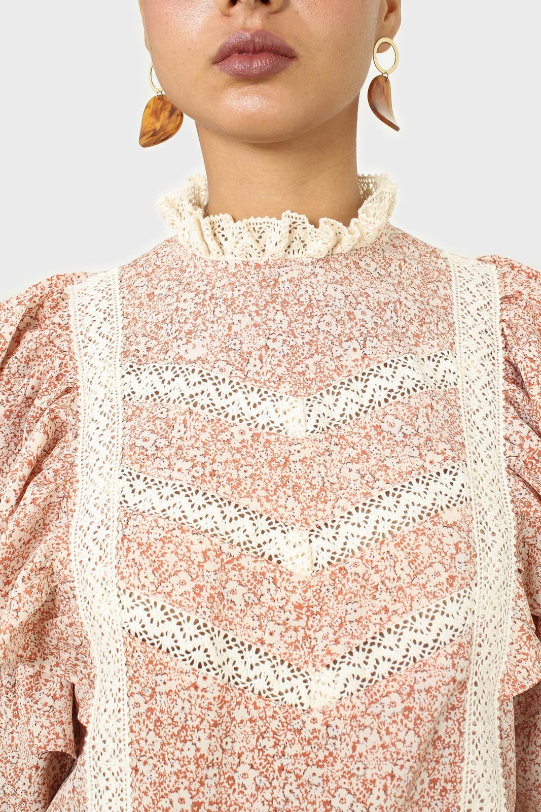 Orange and white floral print lace trim top