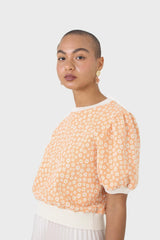 Orange and white daisies short puff sleeved top