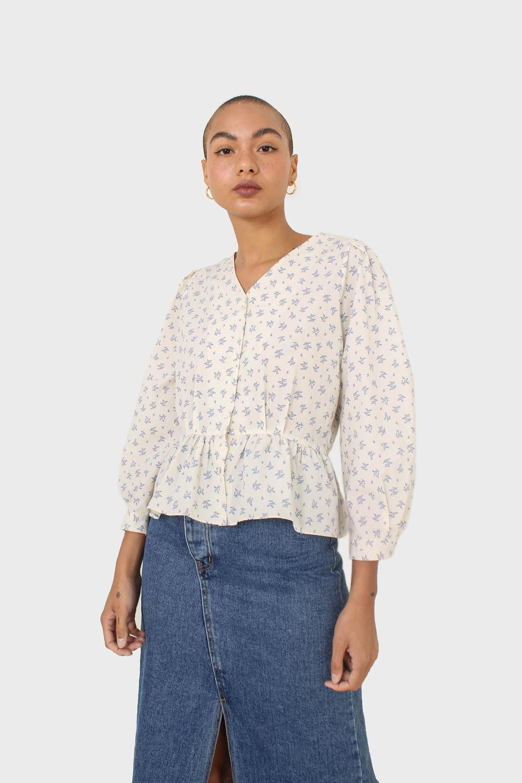 Ivory and blue floral print cotton blouse
