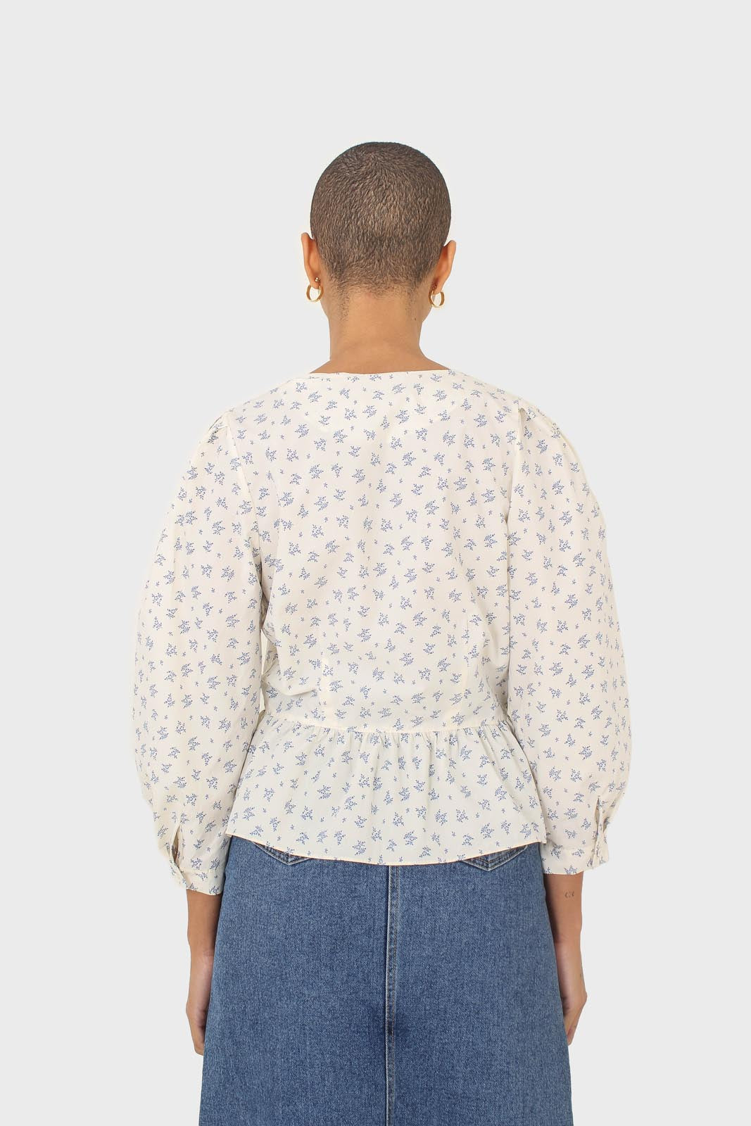 Ivory and blue floral print cotton blouse