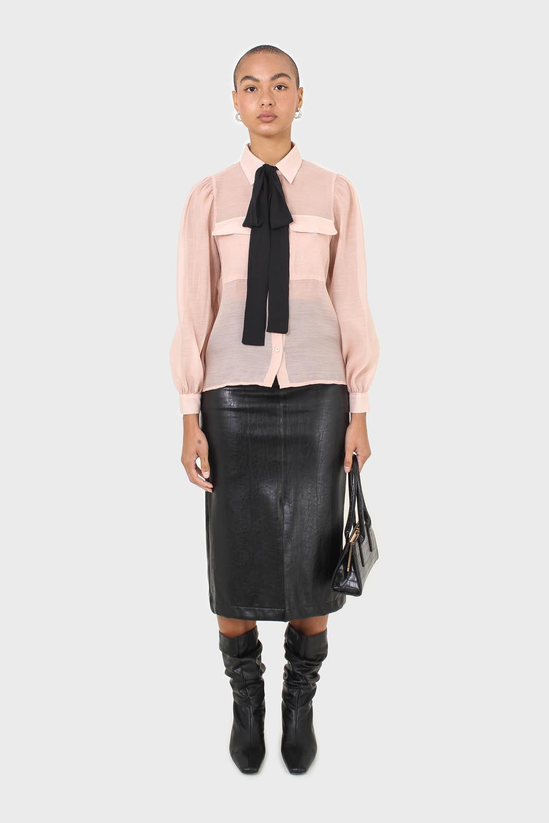 Pink and black pussy bow semi sheer blouse