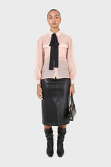 Pink and black pussy bow semi sheer blouse