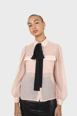 Pink and black pussy bow semi sheer blouse