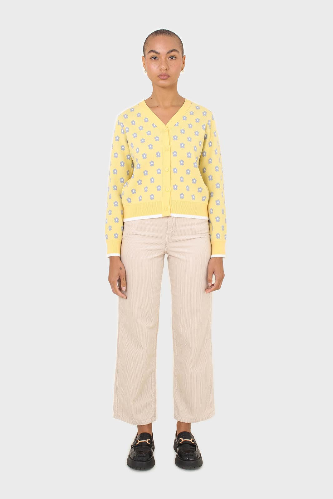 Yellow and blue intarsia daisy cardigan