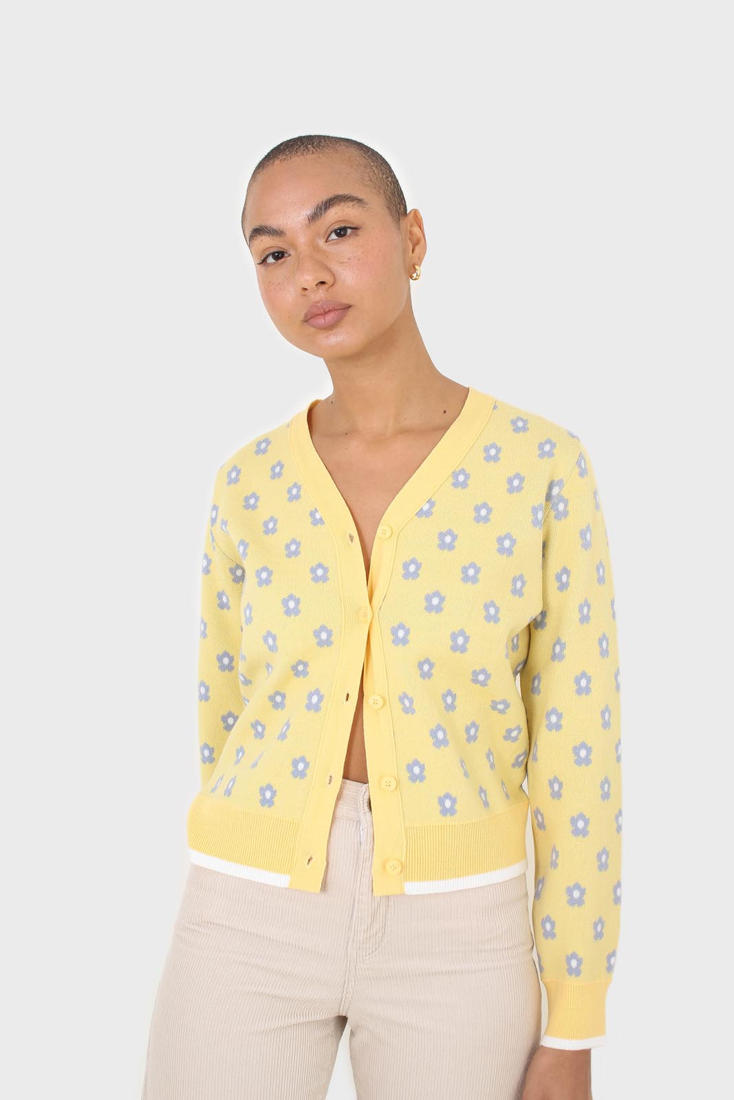 Yellow and blue intarsia daisy cardigan