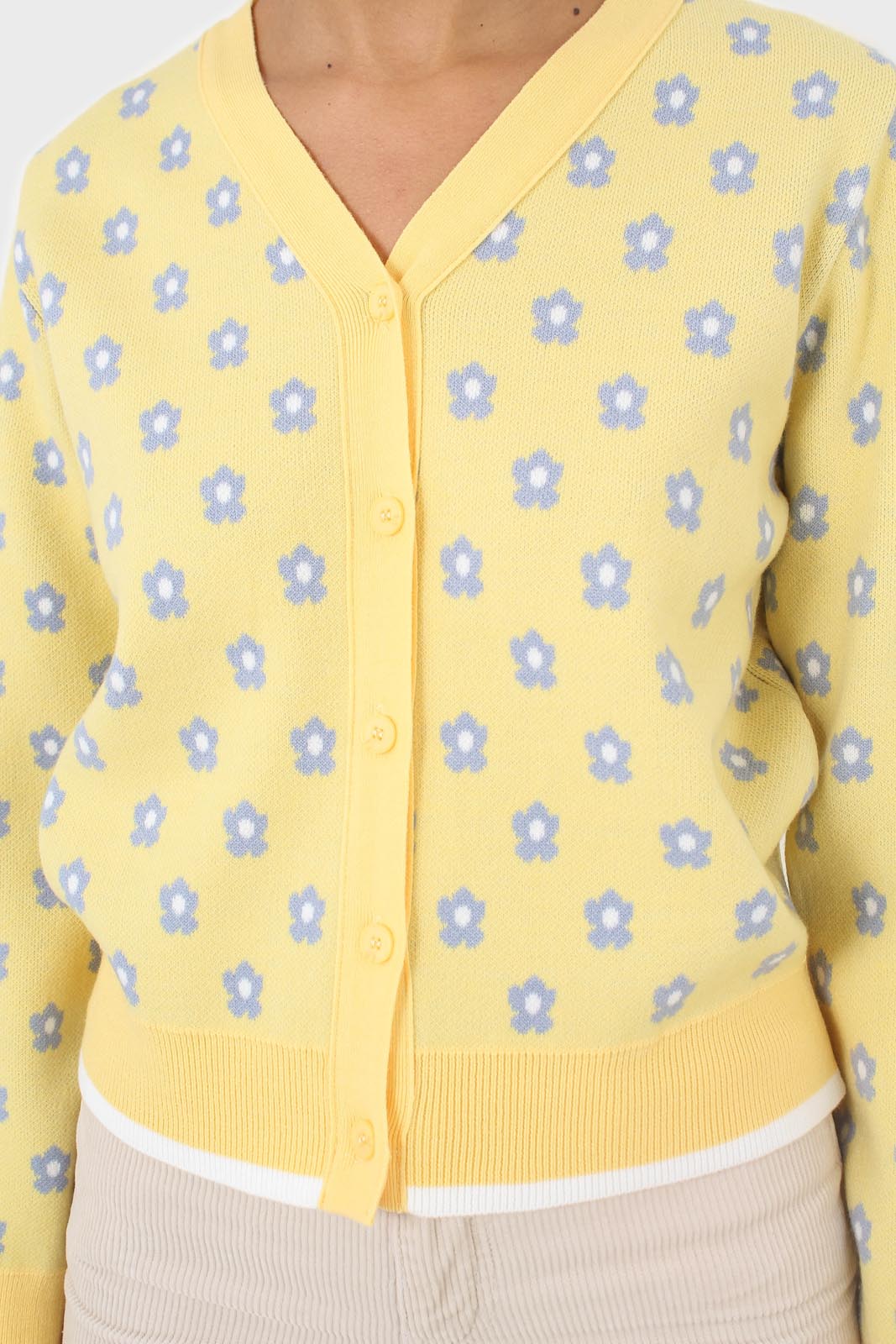 Yellow and blue intarsia daisy cardigan
