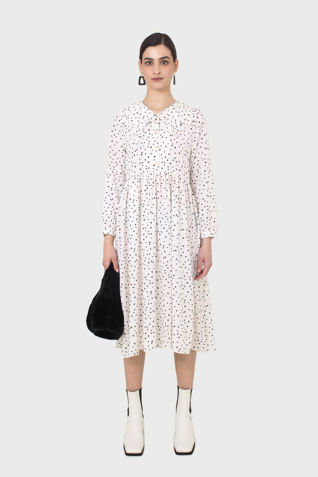 Ivory and black polka dot decorative collar dress